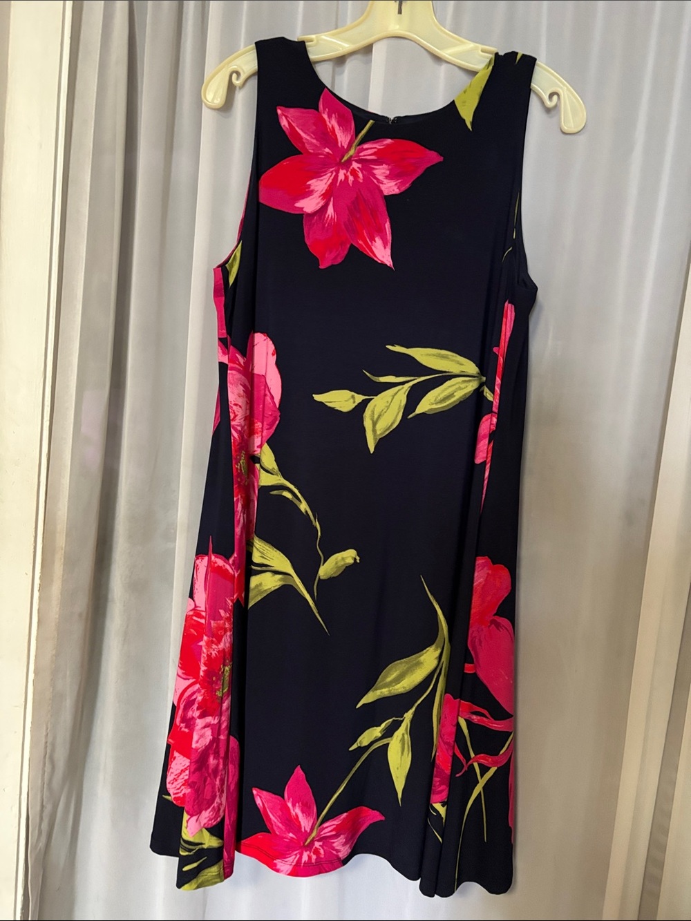 Anne Klein Blue Midi Dress with Pink Floral & Green Leaves